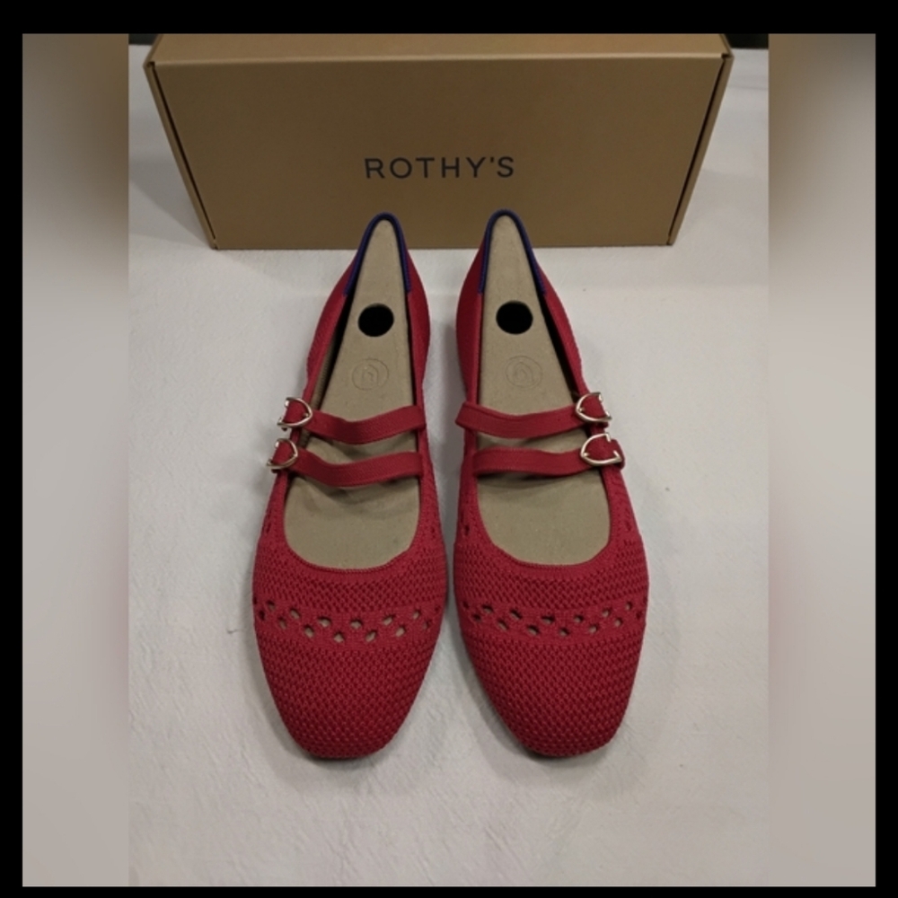 Rothy's Red Rouge Crochet Double Buckle Mary Jane Flats 6.5 NIB